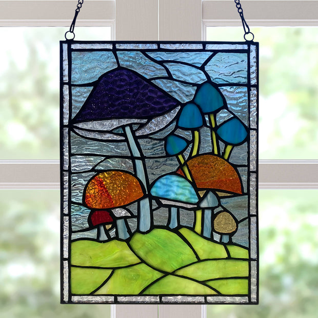 11.5"H Erin Green Mushrooms Stained Glass Window Panel