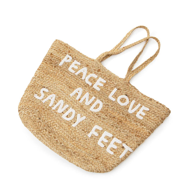 Peace, Love, and Sandy Feet Jute Tote Bag