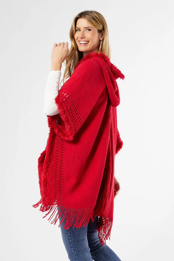 Eloise Hooded Ruana with Frayed Fringe