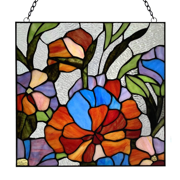 14"H Red Flower Garden Stained Glass Window Panel