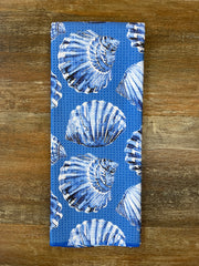 White & Dark Blue Shells Eco-Dishtowel