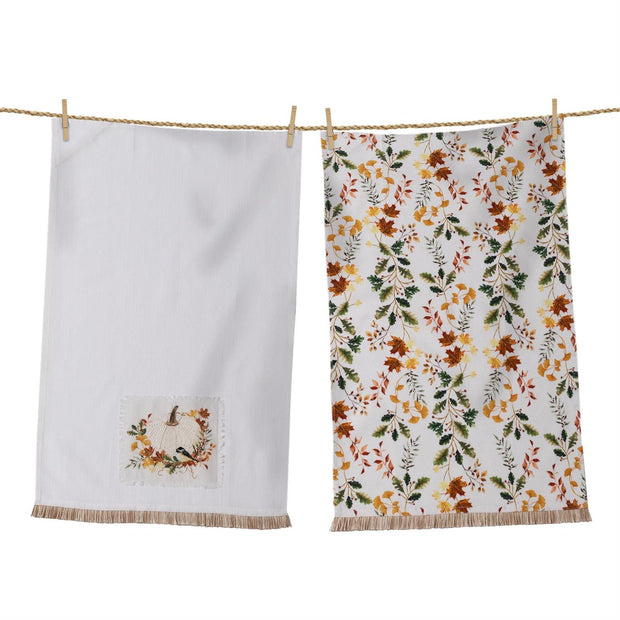 White Pumpkin & Leaves Tea Towel Set