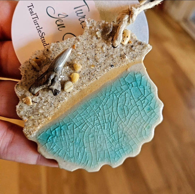 Sandy Ocean Teal Shark Tooth Ornament