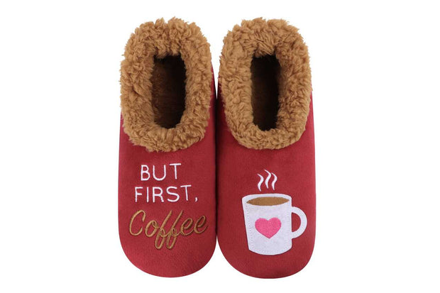 But First, Coffee Dark Red Snoozies Slippers