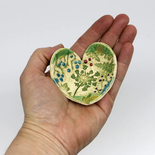 Pressed Flowers Heart Pottery Bowl