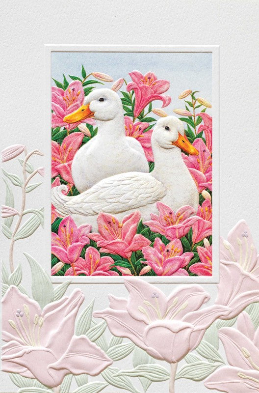 White Ducks Pink Lilies Friendship Greeting Card