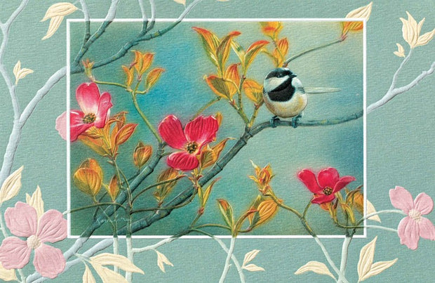 Chickadee in Pink Dogwood Comfort Greeting Card