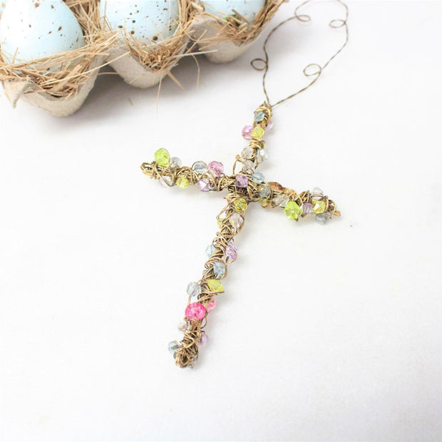 Gold Wire Cross with Multicolored Beads