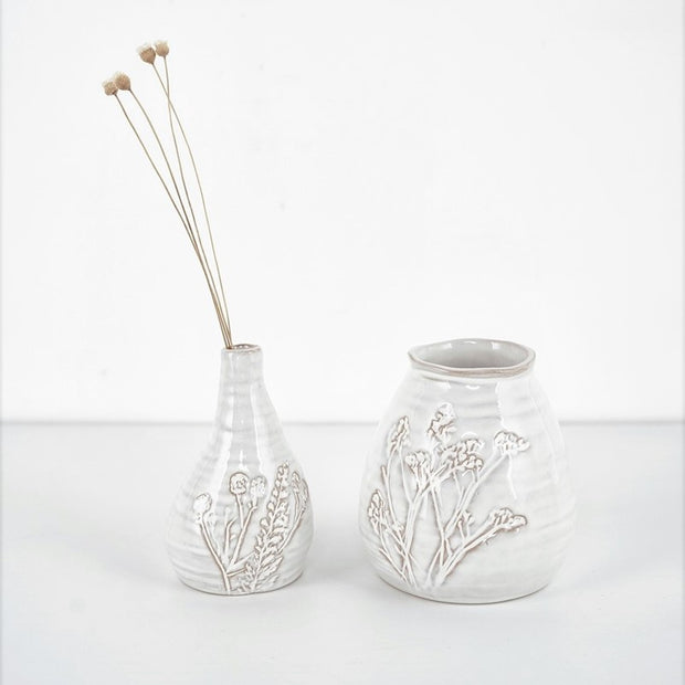 Skinny Vase with Debossed Flowers, White