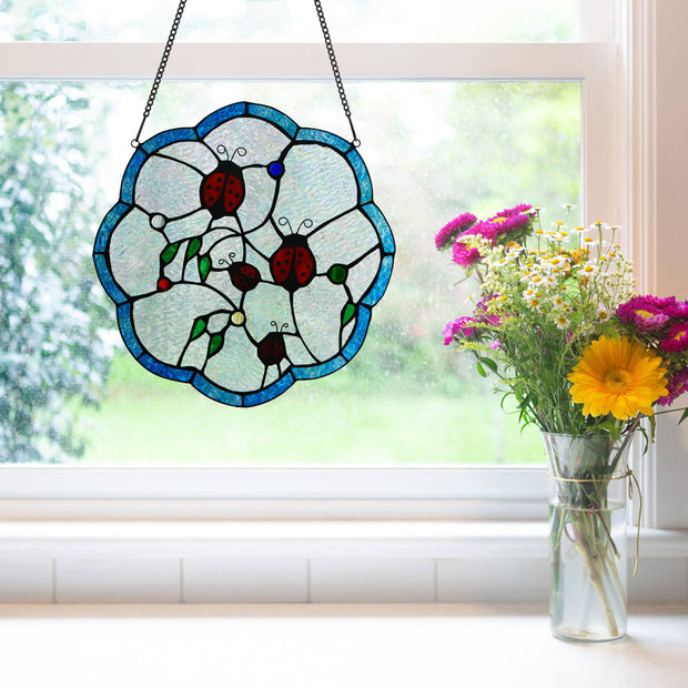 12"H Ladybugs Round Stained Glass Window Panel