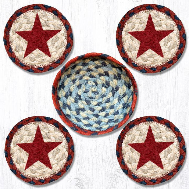 Capitol Earth Rugs Printed Braided Jute Coaster Sets, 4", Red Star