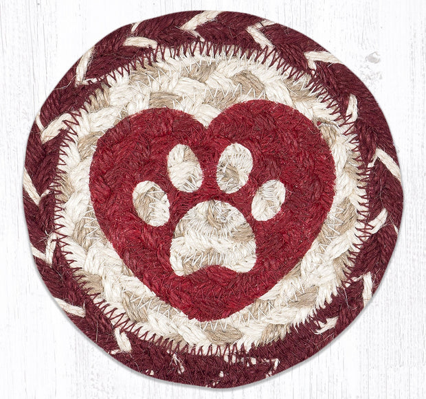 Capitol Earth Rugs Individual Printed Braided Jute 5" Coaster, Heart Paw