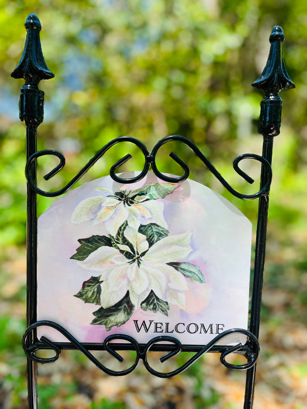 White Poinsettia Welcome Garden Sign