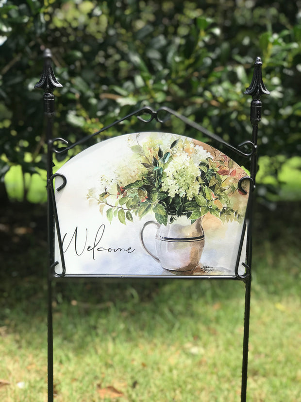 White Hydrangea Welcome Garden Sign