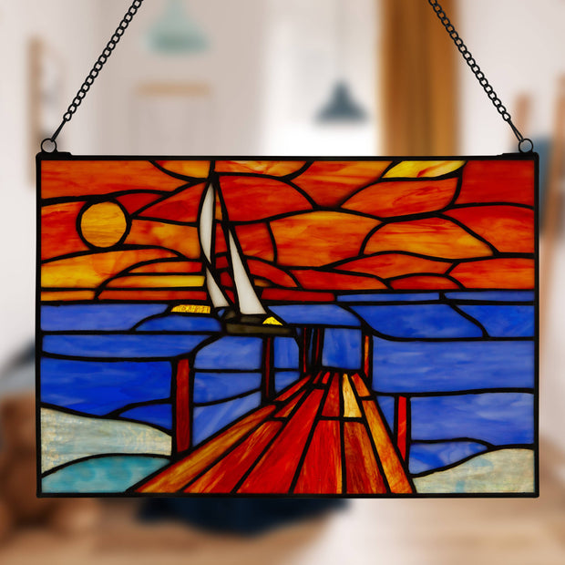 14"L Sailboat Orange & Blue Stained Glass Window Panel